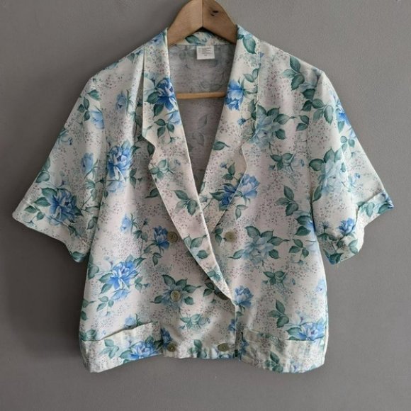 VINTAGE Linen blend floral summer short sleeve blazer flax blend - Picture 7 of 7